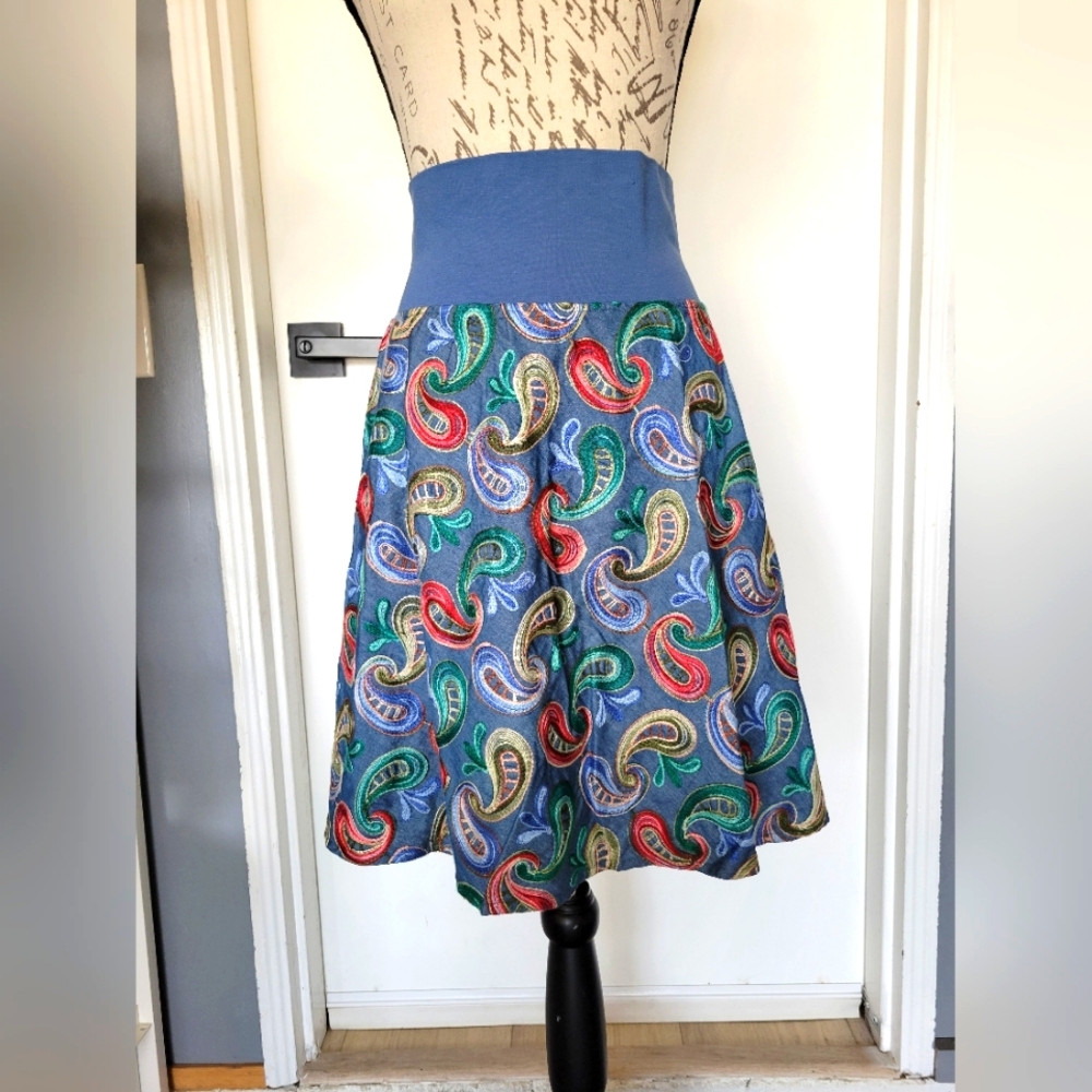 RARE Simone Seidel Berlin Heavily Embroidered‎ Paisley Chambray Skirt XS/S